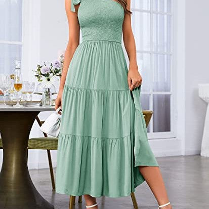 2025 New Summer Fashion Women's One-shoulder Pleated Layered Hem Split Dress